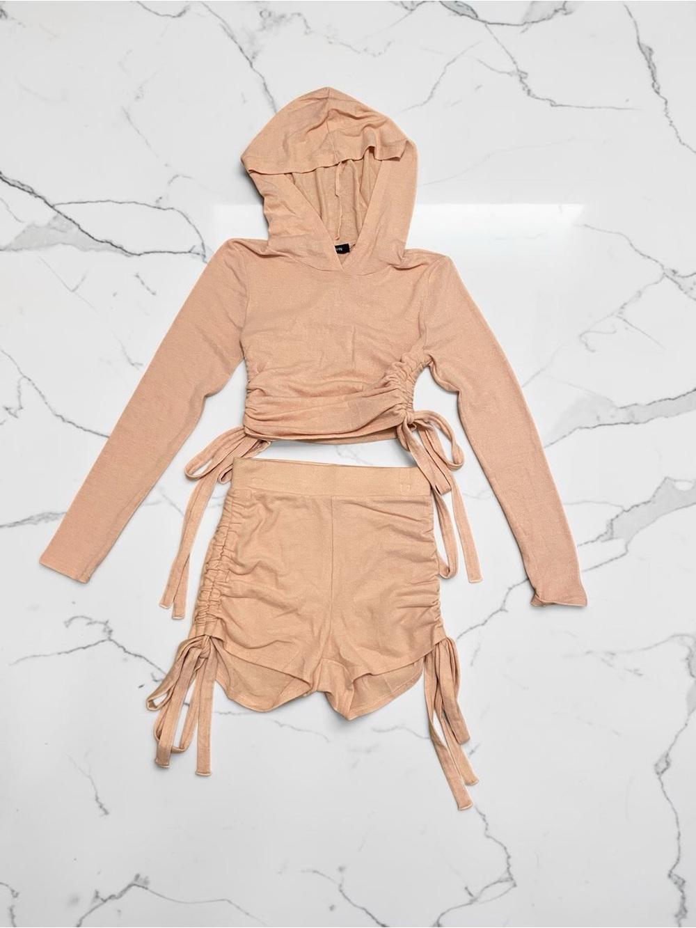 Light Pink Boutique Ruched Hoodie & Shorts Set